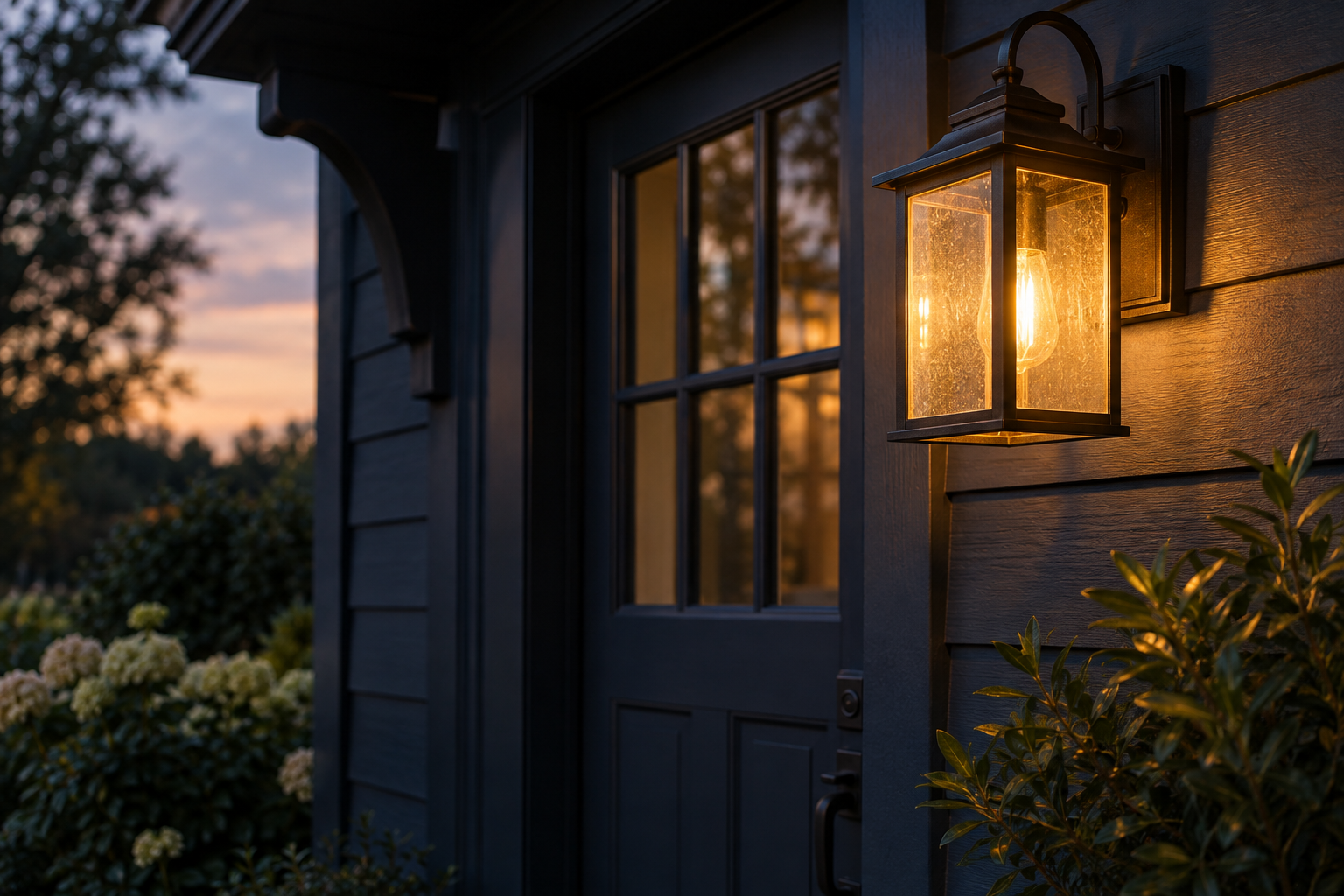 A warm porch light illuminating a doorway at dusk